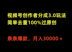 (10002期)视频号创作者分成3.0玩法，简单去重100%过原创，条条爆款，月入30000＋