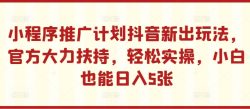 小程序推广计划抖音新出玩法，官方大力扶持，轻松实操，小白也能日入5张【揭秘】