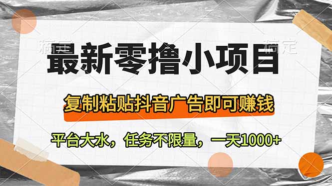 最新零撸小项目，复制粘贴抖音广告即可赚钱，平台大水，任务不限量，一...