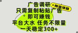 广告调研项目，只需复制粘贴广告即可挣钱，平台大水，任务不限量，一天3张【揭秘】