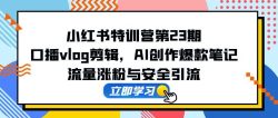 小红书特训营第23期，口播vlog剪辑，AI创作爆款笔记，流量涨粉与安全引流