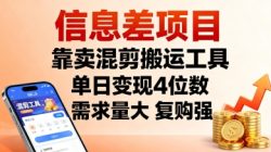 信息差项目，靠卖混剪搬运工具，单日变现4位数，需求量大，复购强，操作简单，几分钟一条视频