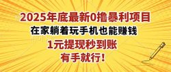 2025年底最新0撸暴利项目，在家也能躺赚，1元秒提现，有手就行！