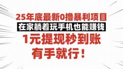 25年底最新0撸暴利项目，在家躺着玩手机也能赚钱，1元提现秒到账，有手…