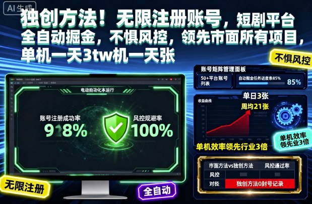 独创方法!无限注册账号,短剧平台全自动掘金,不惧风控,领先市面所有项目,单机一天3张【揭秘】插图 独创方法!无限注册账号,短剧平台全自动掘金,不惧风控,领先市面所有项目,单机一天3张【揭秘】
