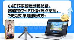 小红书零基础涨粉秘籍，赛道定位+IP打造+痛点挖掘，7天见效 单月涨粉5万+