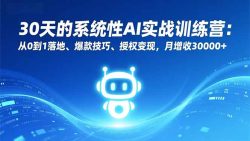 30天的系统性AI实战训练营：从0到1落地、爆款技巧、授权变现，月增收30000+