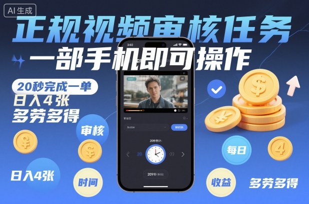 正规视频审核任务,一部手机即可操作,20秒完成一单,日入4张,多劳多得【揭秘】插图 正规视频审核任务,一部手机即可操作,20秒完成一单,日入4张,多劳多得【揭秘】