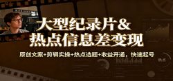 大型纪录片&热点信息差变现：原创文案+剪辑实操+热点选题+收益开通，快速起号