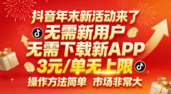 抖音年末新活动来了，无需新用户，无需下载新APP，3米每单无上限，操作方法简单，市场非常大
