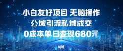 小白友好项目，无脑操作，公域引流私域成交，0成本单日变现680米