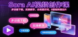 Sora AI视频创作课：多设备下载，实操教学，分类提示词，0基础快速出片