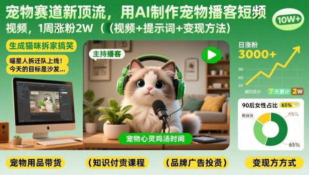 宠物赛道新顶流,用AI制作宠物播客短视频,1周涨粉2W(视频+提示词+变现方法)插图 宠物赛道新顶流,用AI制作宠物播客短视频,1周涨粉2W(视频+提示词+变现方法)