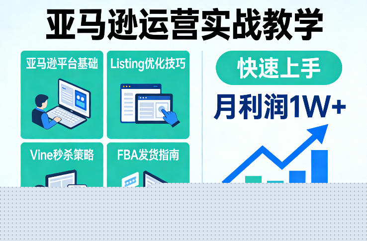 亚马逊运营实战教学，亚马逊平台+Listing优化+Vine秒杀+FBA发货等，快速上手，实现店铺月利润1W