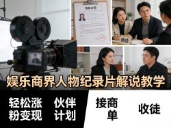 娱乐商界人物纪录片解说教学，轻松涨粉变现，伙伴计划，接商单，收徒等