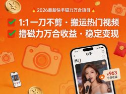 2026年最新快手磁力万合项目，1比1一刀不剪搬运热门视频，撸磁力万合收益