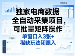 独家电商数据全自动采集项目，可批量矩阵操作，单窗口日入3张+，稀缺玩法闭眼入【揭秘】