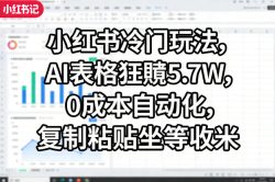 小红书冷门玩法，AI表格狂賺5.7W，0成本自动化，复制粘贴坐等收米