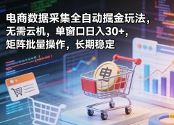 独家电商数据采集全自动掘金玩法，无需云机，单窗口日入30+，矩阵批量操作，长期稳定【揭秘】