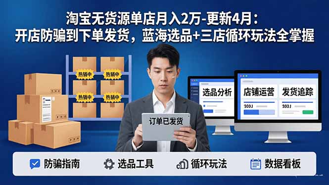 淘宝无货源5.0单店月入2万-更新4月：开店防骗到下单发货，蓝海选品+三店循环玩法全掌握