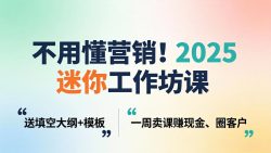 不用懂营销！2025 迷你工作坊课：送填空大纲 + 模板，一周卖课赚现金、圈客户