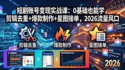 短剧账号变现实战课：0基础也能学，剪辑去重+爆款制作+星图接单，2026流量风口