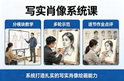 写实肖像系统课，全程分模块教学+多轮示范+逐节作业点评，系统打造扎实的写实肖像绘画能力