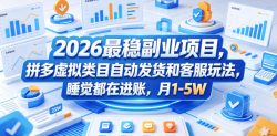 2026最稳副业项目，拼多多虚拟类目自动发货和客服玩法，睡觉都在进账，月1-5W【揭秘】