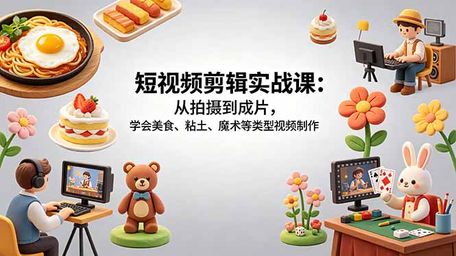 短视频剪辑实战课:从拍摄到成片,学会美食、粘土、魔术等类型视频制作