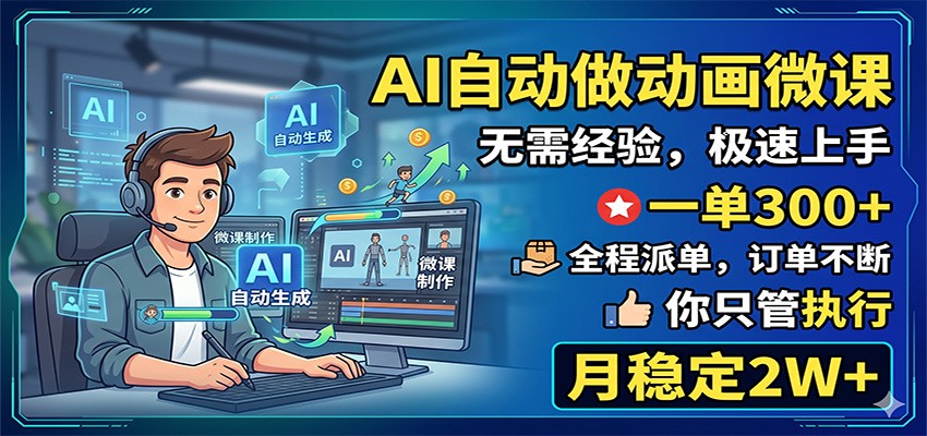 AI自动做动画微课,一单300+,全程派单,你只管执行,月稳定2W+