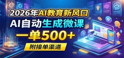 2026年AI教育新风口，AI自动生成微课，一单500+，附接单渠道