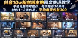 抖音10w粉丝博主的图文赛道教学，手机电脑均可操作，每天操作30分钟，制作1~2条作品，平均每天收益300