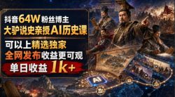 抖音64W粉丝博主大驴说史亲授AI历史课，可以上精选独家，全网发布收益更可观，单日收益1k+