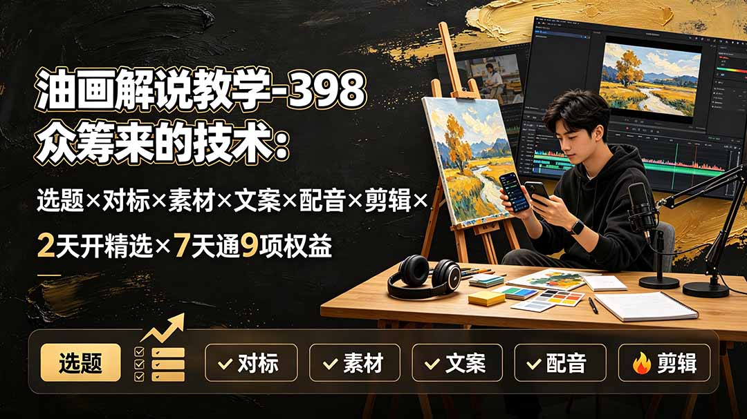 油画解说教学-398众筹来的技术:选题×对标×素材×文案×配音×剪辑×2天开精选×7天通9项权益